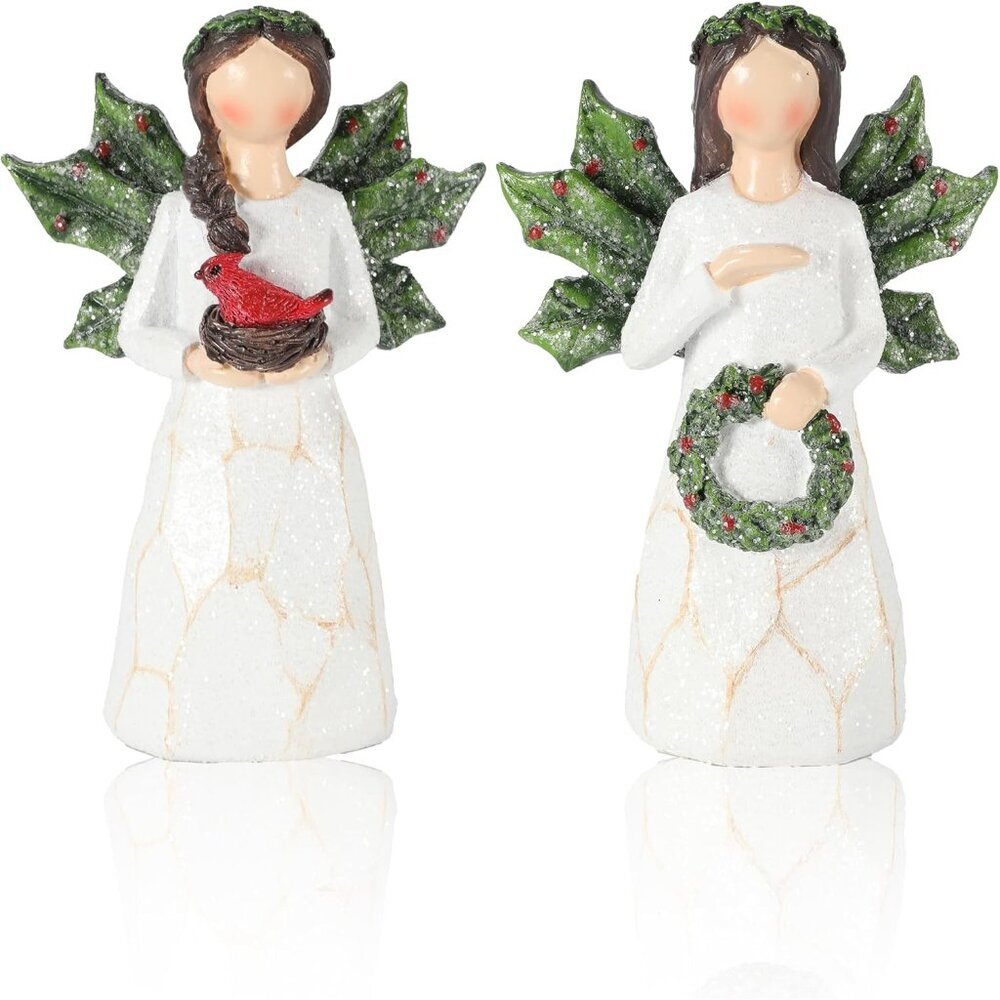 Set of 2 Sparkling Christmas Angel Figurines with Glitter Wings and Festive Acce